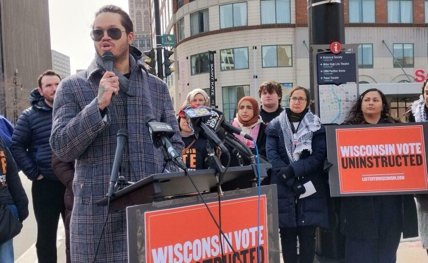 Kyle Johnson of the Milwaukee organization Black Leaders Organizing for Communities (BLOC) speaks during a kick-off rally for the Vote Uninstructed campaign on March 19.