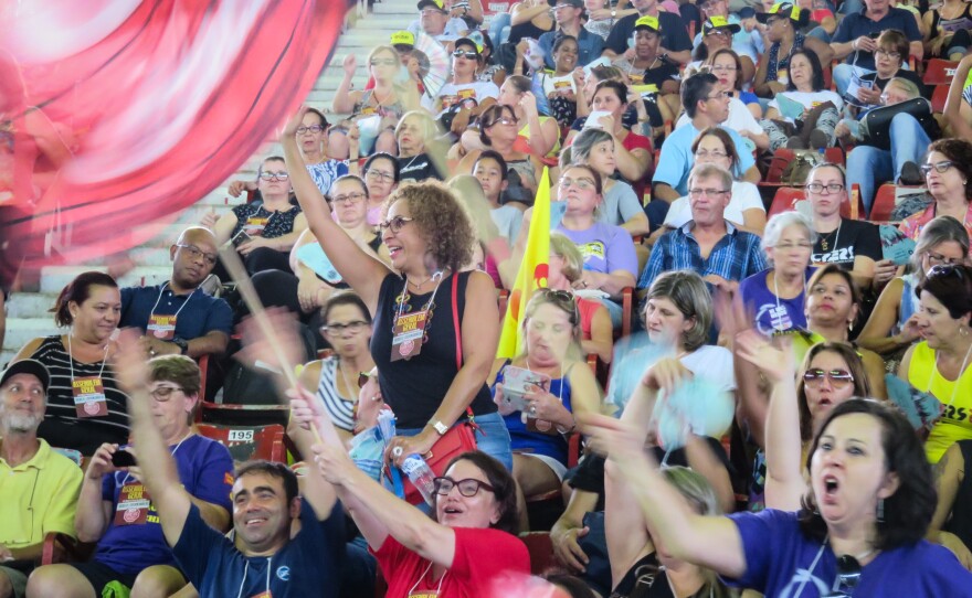 Teachers at a rally in Porto Alegre celebrate their decision to go on strike on March 15.
