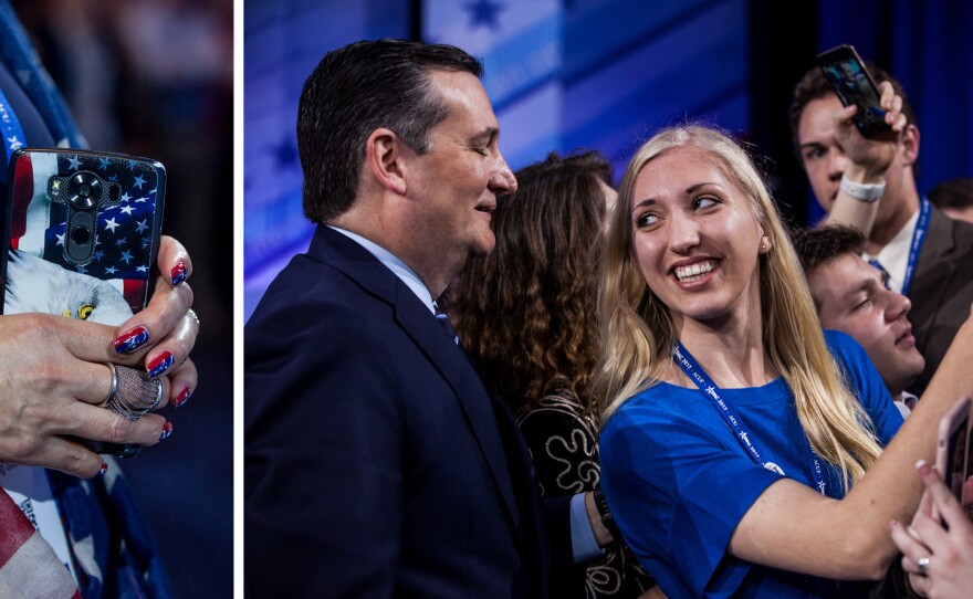 (Left) A woman clutches her cell phone during a special taping of the Hannity Show on the first day of CPAC. (Right) Attendees take selfies with Texas Sen. Ted Cruz.