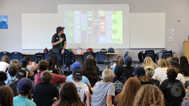Kevin Baross, the San Diego County Bike Coalition's education manager, leads a bike safety presentation at Oak Crest Middle School in Encinitas on Aug. 17, 2026.