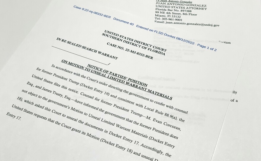 The notice filed by the Justice Department to the U.S. District Court South District of Florida informing the judge that lawyers for former President Donald Trump did not object to the government's motion to unseal the search warrant for Trump's Mar-a-Lago estate, is photographed Friday, Aug. 12, 2022.