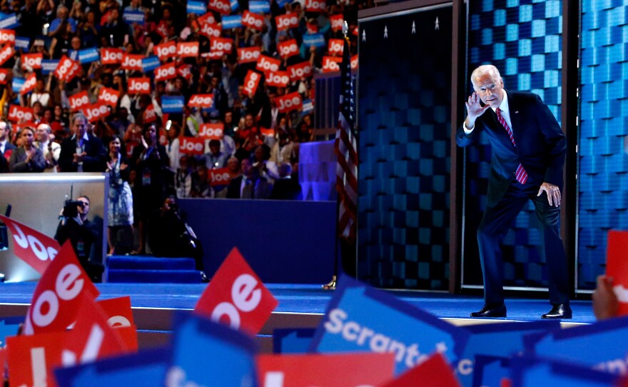 Vice President Biden arrives onstage to the theme of Rocky.
