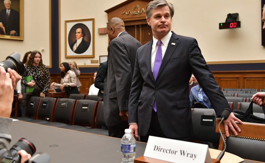 FBI Director Christopher Wray arrives to testify before the House Judiciary Committee on oversight of the Federal Bureau of Investigation in the Rayburn House Office Building in Washington, D.C., on Thursday.