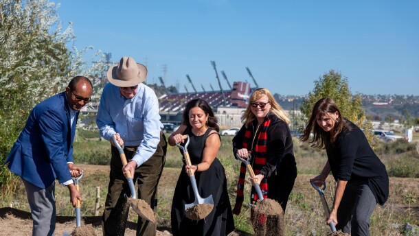 SDSU Vice President of Research and Innovation Hala Madanat (center) and other university representatives participate in a ceremonial groundbreaking of the university's One Water Laboratory in Mission Valley on Wednesday, Dec. 17, 2025.