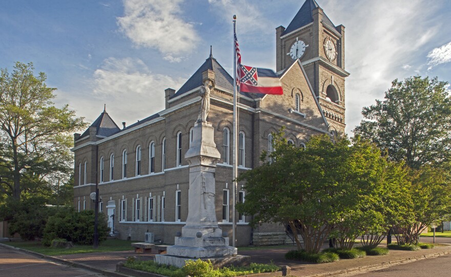 The courthouse in Sumner, Miss., where, in 1955, an all-white jury acquitted two white men in Till's murder. A debate rages in Mississippi over the state flag, which includes the confederate flag. But it still flies at the courthouse.