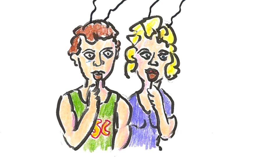 Illustration of a man and woman eating chocolate while attached to brain-monitoring equipment