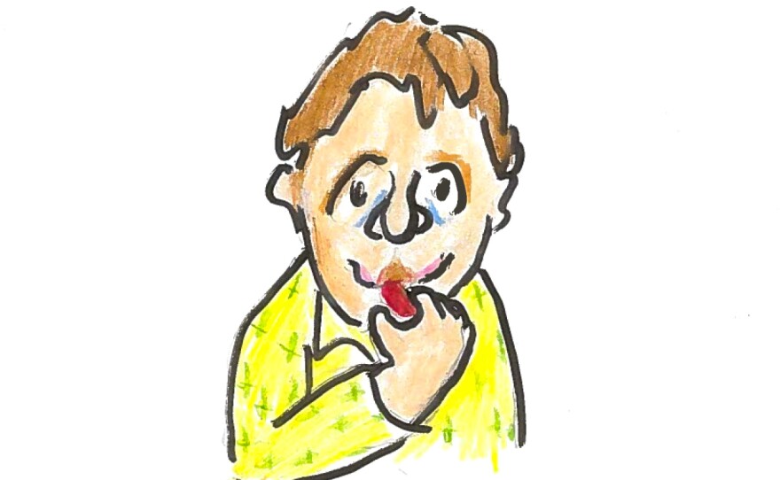 An illustration of a man smiling while putting a piece of chocolate in his mouth.