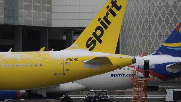 Spirit Airlines planes parked at the closed George Bush Intercontinental Airport, Jan. 21, 2025, in Houston.