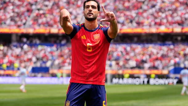Spain's Mikel Merino (6) celebrates scoring their second goal during the World Cup quarterfinal soccer match between Spain and Belgium in Inglewood, Calif., near Los Angeles, Friday, July 10, 2026.
