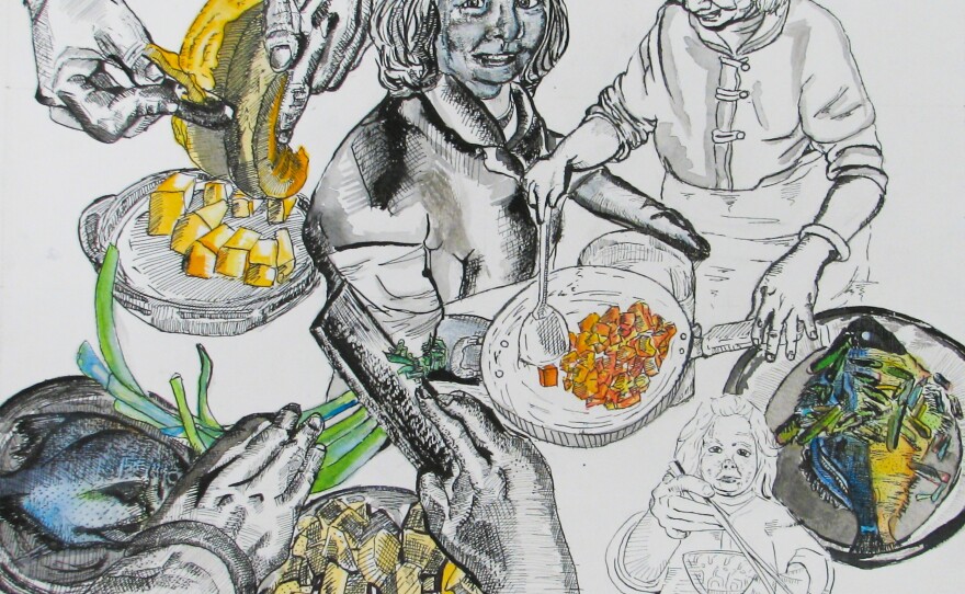 "Things were really hard around the time I drew this, I was exploring my family's relationship with one another," Jackie says. "This one of my mom: I thought a lot about her hands. Her hands are the hands of a laborer. After a life of labor these hands are not delicate, but the beauty behind it is that she uses these hands to cook and create flavors that bring us together."