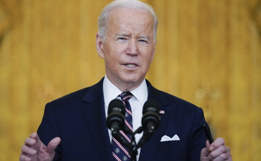 President Biden speaks about Ukraine at the White House on Tuesday. He said Russian President Vladimir Putin recognition of breakaway republics in two Ukrainian oblasts is a "flagrant violation of international law."
