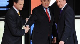 British opposition Liberal Democrat leader Nick Clegg (from left); Prime Minister Gordon Brown, leader of the ruling Labour Party; and opposition Conservative Party leader David Cameron shake hands April 22 after participating in the second of three live televised debates. A poll surge by the third-party Liberal Democrats now threatens Britain's traditional two-party system.