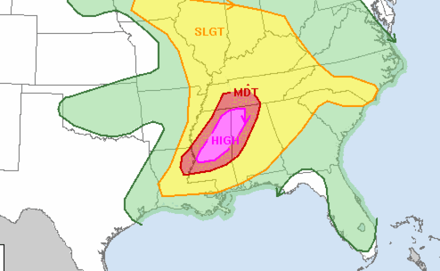 A map from the Storm Prediction Center shows the risk of severe weather.