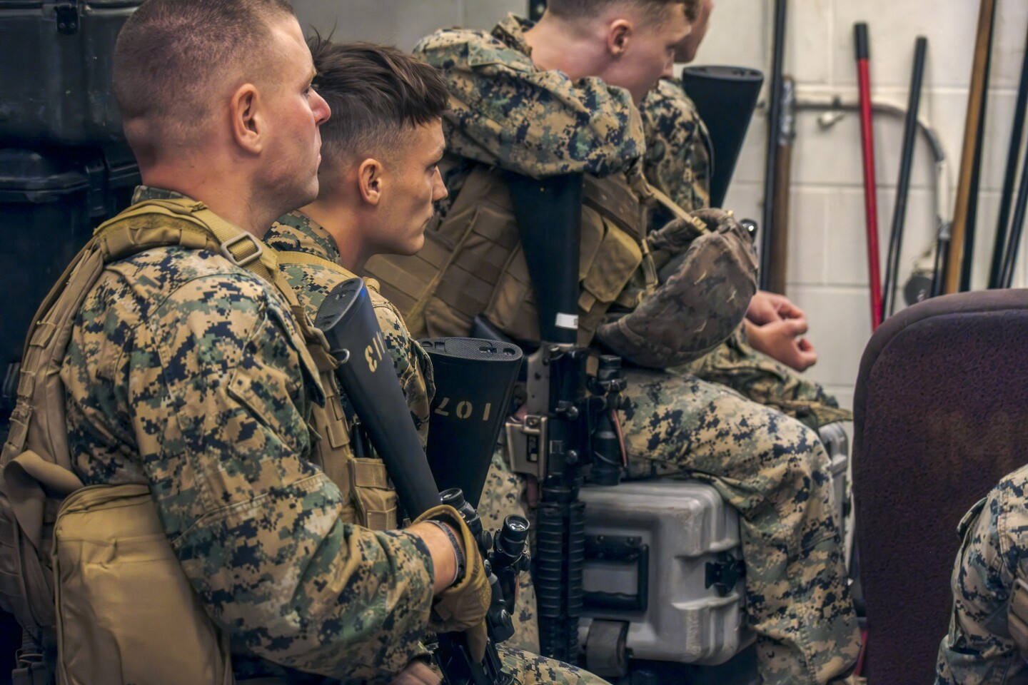 Marines receive a briefing at Marine Corps Air Station Miramar before heading out on a training exercise, Oct. 22, 2024.