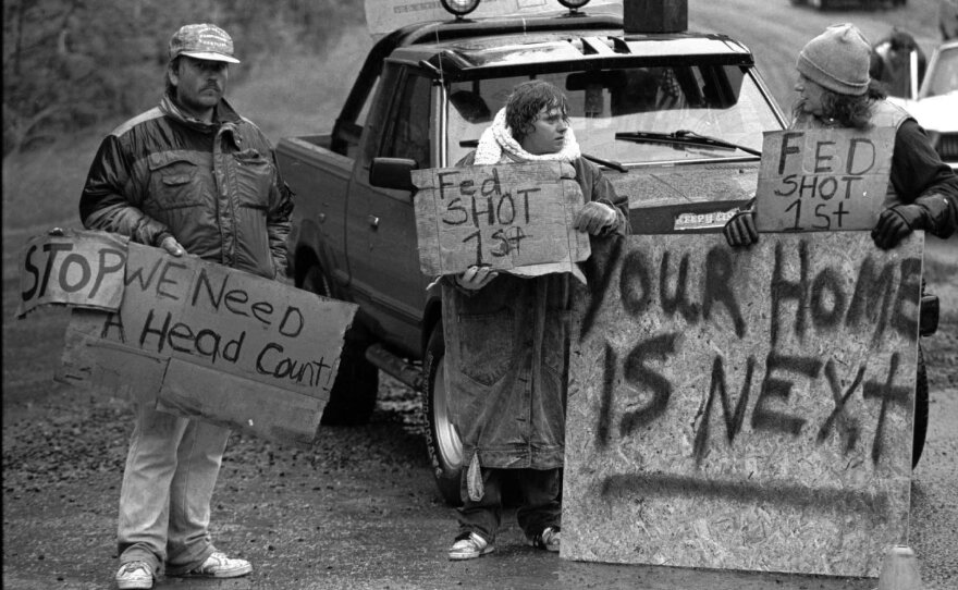 An August 23, 1992, photo of Randy Weaver supporters at Ruby Ridge in northern Idaho.