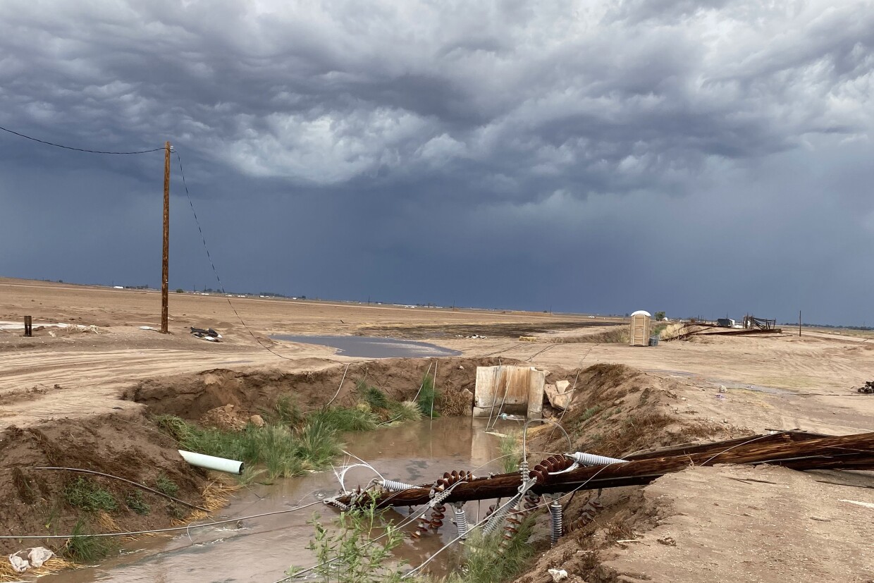 A downed Imperial Irrigation District power line, west of Holtville, California in the Imperial Valley on August 25, 2025.