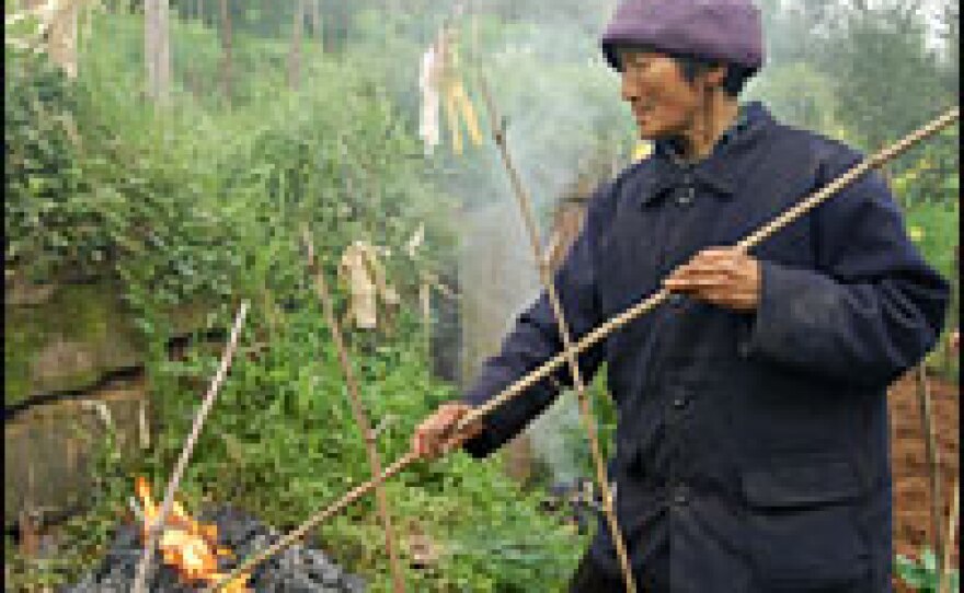 Liu Guanglian pays homage to her husband's ancestors' graves during the Qing Ming festival in April.