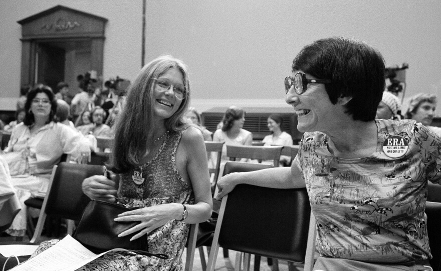 In this July 18, 1978, file photo, Gloria Steinem, left, and presidential assistant Midge Costanza sit near at a meeting of the House Judiciary Committee in Washington. The panel voted in favor of a time extension for ratification of the Equal Rights Amendment.