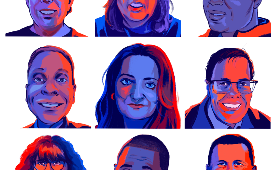 Swing Shift voters, a group of swing voters in swing states who NPR is routinely speaking with through the next several months. Clockwise from top left: Lee from Nevada, Michelle from Michigan, Wally from Georgia, Jason from North Carolina, Evan from Wisconsin, Gerald from Georgia, Colleen, John and Theresa from Pennsylvania.