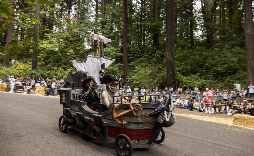 Regulation helmets are required at the derby, but many riders embellish them, as on this pirate ship photographed on August 15, 2026 in Portland, Ore.