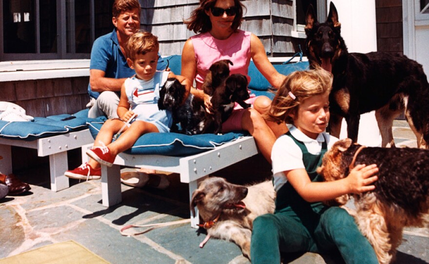 President Kennedy, John F. Kennedy Jr., Jacqueline Kennedy and Caroline Kennedy with family dogs, Hyannisport, Squaw Island, August 14, 1963.