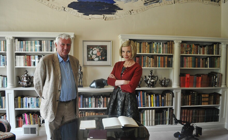 Lucy Worsley (right) with Agatha Christie's grandson at Greenways, Devon.