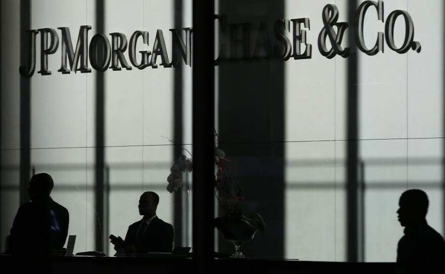 The JPMorgan Chase & Co. logo is displayed at their headquarters in New York.