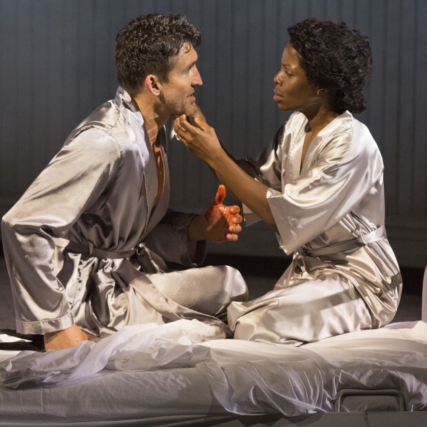 Macbeth (Jonathan Cake) and Lady Macbeth (Martha Stephanie Blake) share an intimate moment after murdering Duncan in the Globe production of "Macbeth."