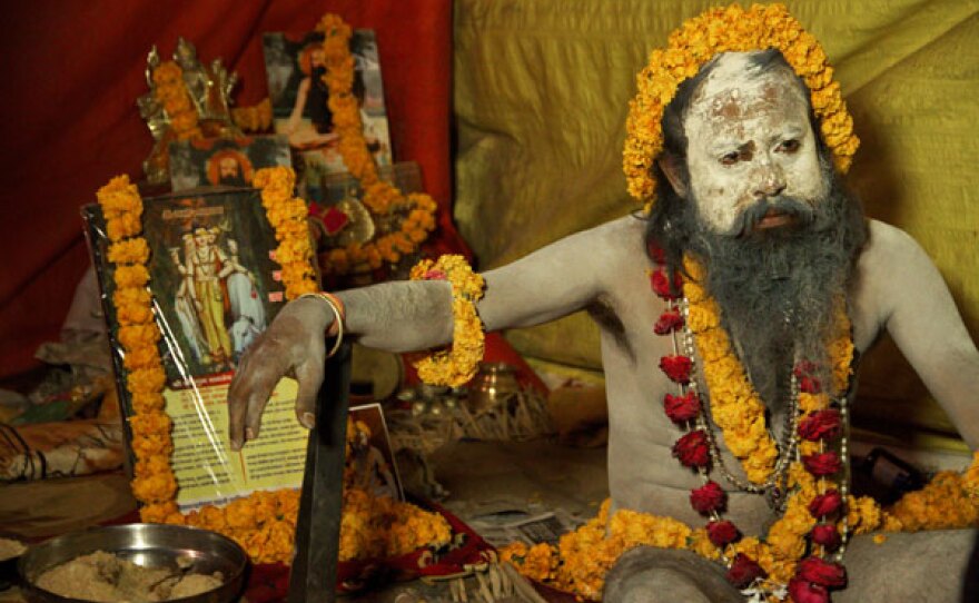 A naga sadhu, a Hindu holy man, at the Kumbh Mela.