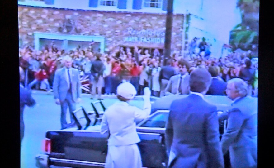 Queen Elizabeth is shown getting into her limousine outside St. Paul's Episcopal Church on February 27, 1983.