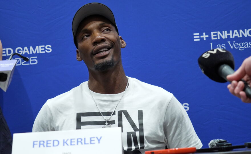 Two-time Olympic-medalist Fred Kerley attends a press conference ahead of the Enhanced Games in Las Vegas, Friday, May 22, 2026. Unlike most of the athletes participating in the Sunday night event, the sprinter says he'll compete without taking performance-enhancing drugs.
