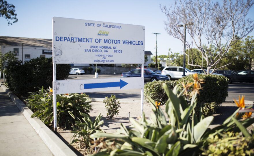 The sign at the entrance of the state Department of Motor Vehicles office on Normal Street in San Diego, Oct. 21, 2016.