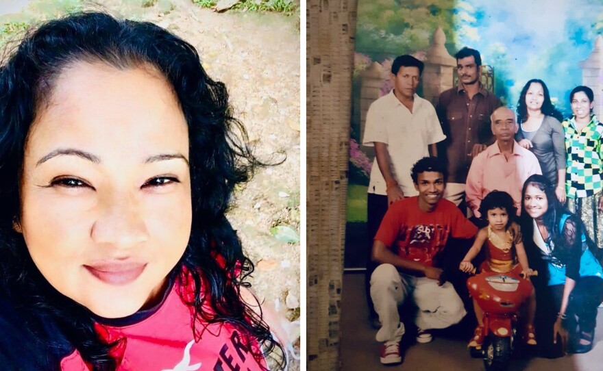 Left: Sherani Princy of Sri Lanka. Her younger sisters were placed for adoption in Australia and Germany. Right: Princy (in gray) with family members — her father (in the pink shirt), her brother (on her left) and her husband (in the white shirt). Her sister-in-law is wearing the checked shirt. Sitting on the tricycle is her brother's daughter. Princy's son and daughter are by the child's side.