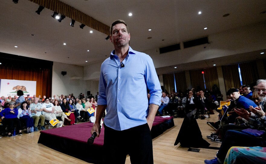 Eric Swalwell participates in a town hall in Sacramento, Calif., on April 7 — just days before he dropped his bid for California governor and resigned from Congress.