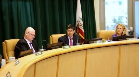 Coronado Unified School District board members Malachy Sandie, Fitzhugh Lee and Renee Cavanaugh attend a board meeting on Thursday, April 16, 2026.