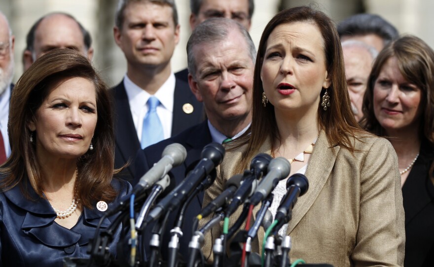 Tea Party Patriots co-founder Jenny Beth Martin, shown here speaking to the press in May, says Republicans are acting within their power to withhold funding from Obamacare.
