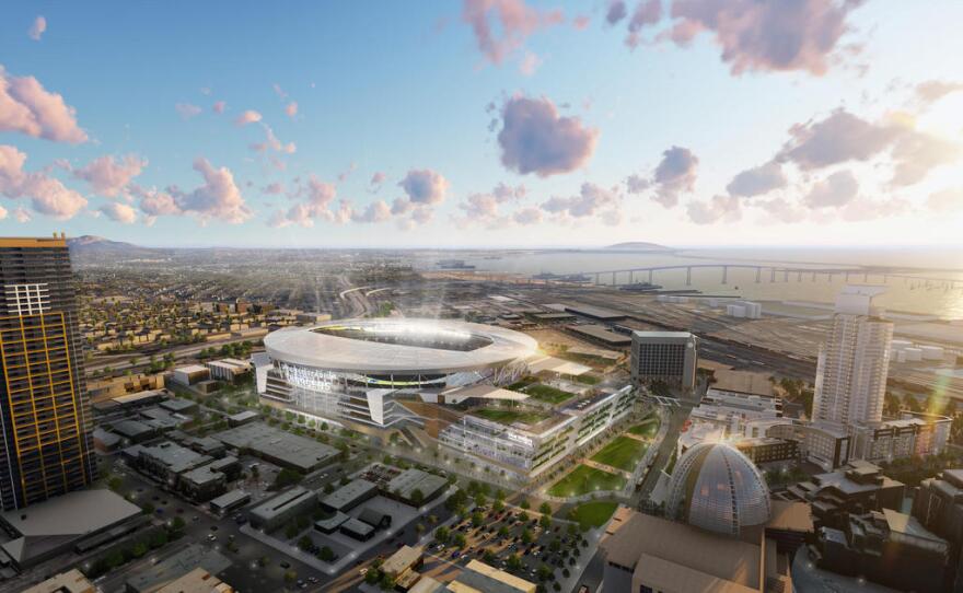 An undated illustration of a proposed Chargers stadium in downtown San Diego.