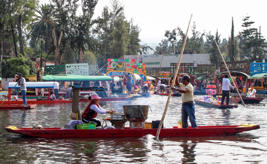 A passing chalupa selling roasted corn among a sea of trajineras. 