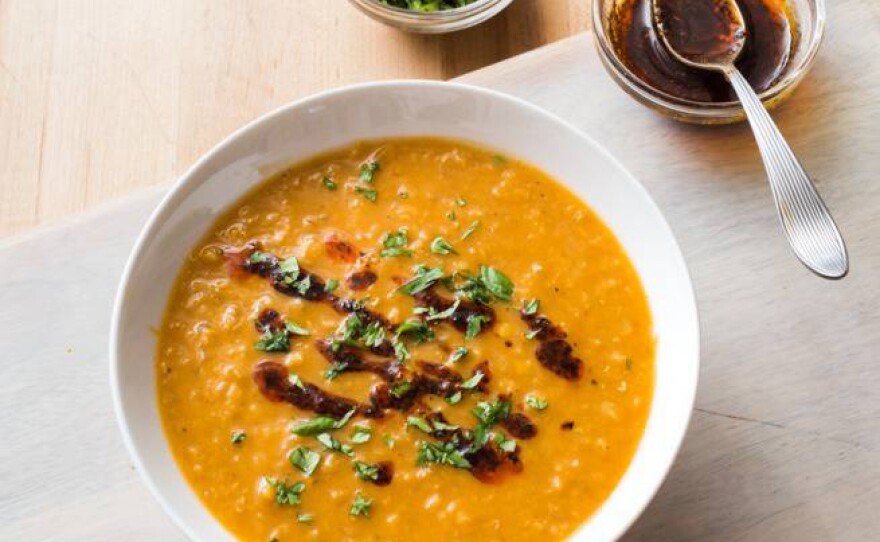 Red lentil soup with north African spices.