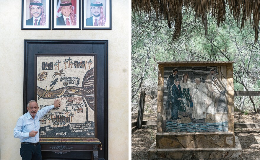 Left: Director General of the Baptism Site Commission Rustom Mkhjian points out a replica of the Madaba mosaic map — the earliest known depiction of a Holy Land map. It shows the baptism site on the east side of the Jordan River in what is now Jordan. Right: A modern mosaic depicting the visit of Pope Francis to the baptism site in 2016 accompanied by members of Jordan's royal family.