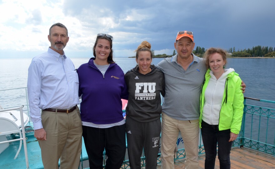 Sarah D'Antoni (center) and her crew at chilly, choppy Lake Issyk Kul.