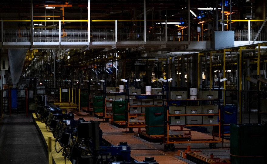 Rows of tools and cabinets sit, unused, on the assembly line of the former GM Lordstown assembly plant.