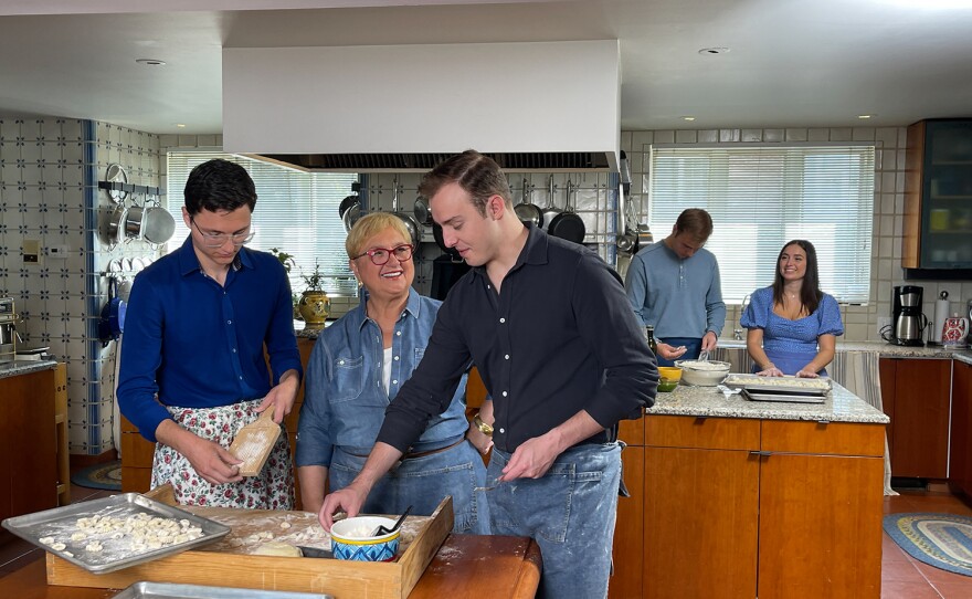 Lidia makes gnocchi with grandsons Lorenzo and Miles.