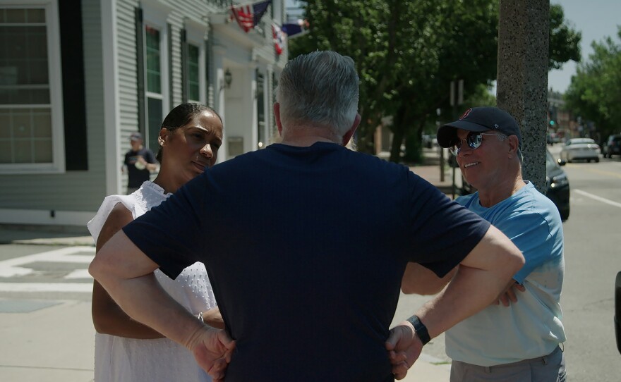 Andrea Campbell campaigning in Charlestown. 