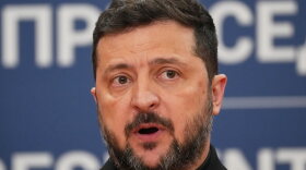 Ukraine's President Volodymyr Zelenskyy speaks during a press conference with his Serbian counterpart Aleksandar Vucic at the Serbia Palace, in Belgrade, Serbia, Saturday, Aug. 8, 2026.