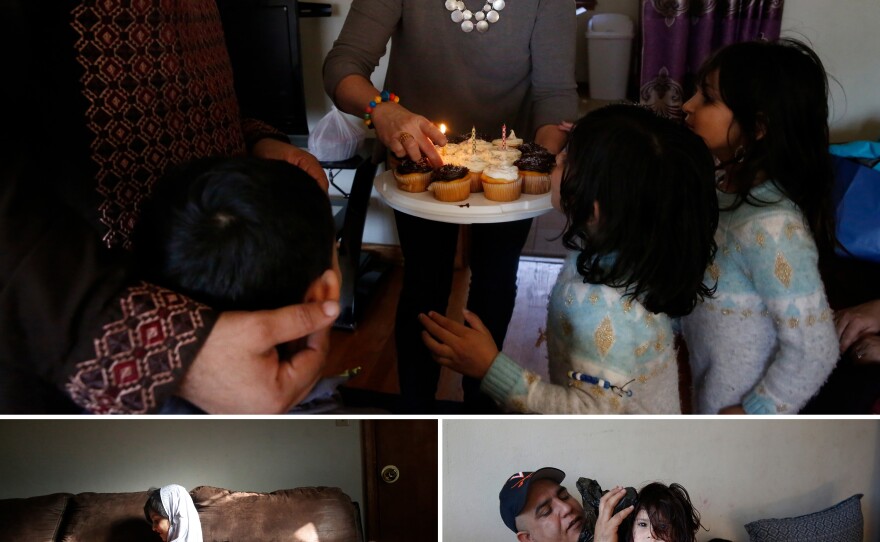 The Nishats and the Meaneys get together every couple of weeks. (Top) Cathy brings cupcakes for Ezatullah's birthday. (Bottom right) Rahim tends to a boo-boo. (Bottom left) Playing with dolls.