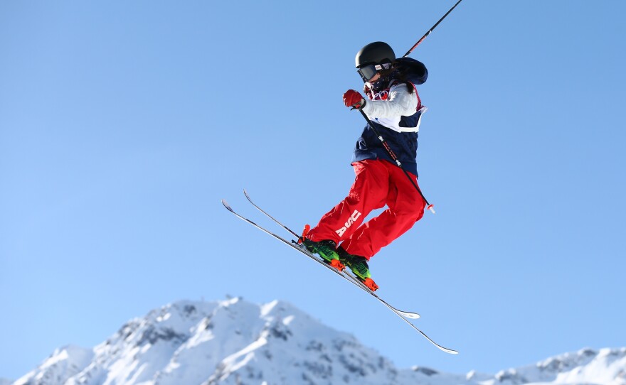 Devin Logan practices during a ski slopestyle training session in Sochi on Friday. She says she doesn't stress about competing, even on a course that some have called dangerous. "What we do is scary in general," she says. "But we know how to do it."