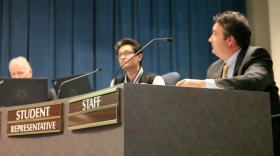 San Diego Unified facilities chief Lee Dulgeroff at the Nov. 10, 2015 meeting where members unanimously approved a plan to air-condition all classrooms by 2019 and counter the carbon emissions with new solar panels.