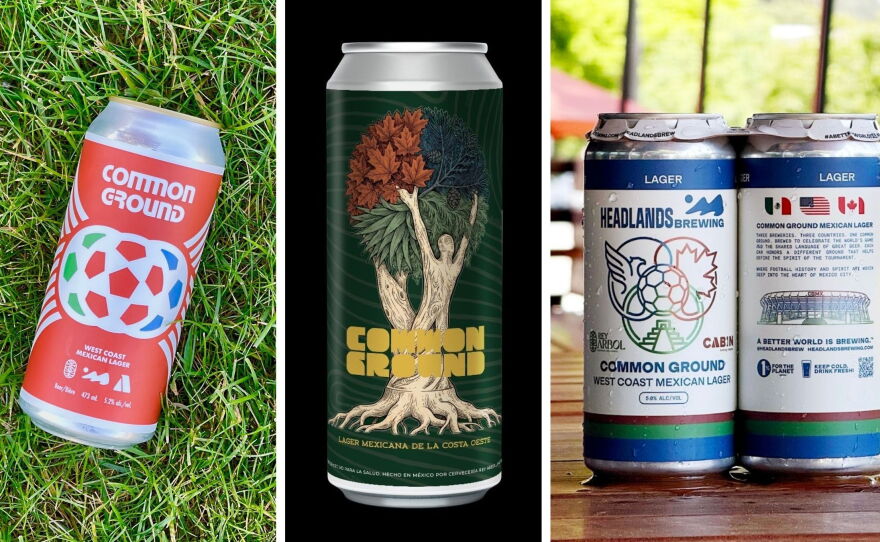 The makers of "Common Ground" used a shared recipe, but all created their own distinct packaging for the beer: Canada's Cabin Brewing Company; Mexico's Rey Árbol Brewing Company; the U.S.'s Headlands Brewing.
