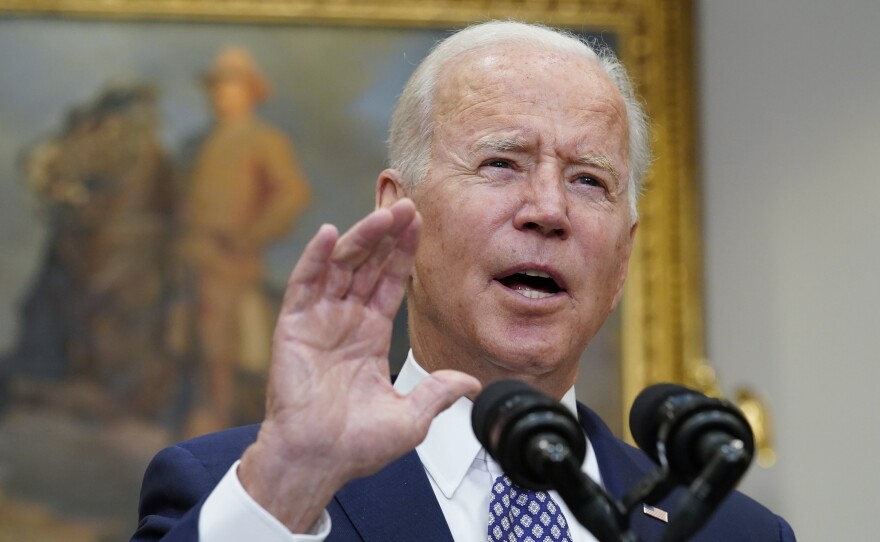 President Biden addresses the situation in Afghanistan from the White House's Roosevelt Room on Tuesday.